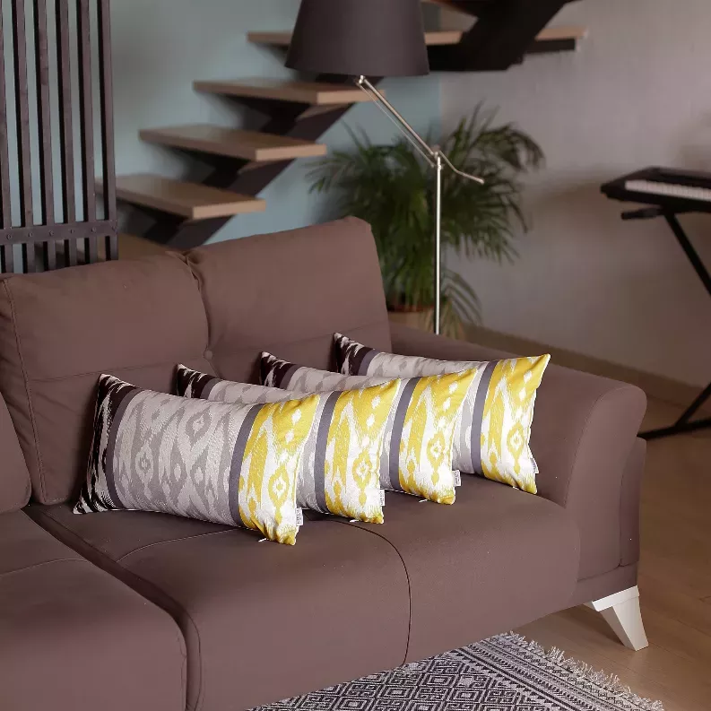 Set of 4 Gray and Yellow Ikat Lumbar Pillow Covers