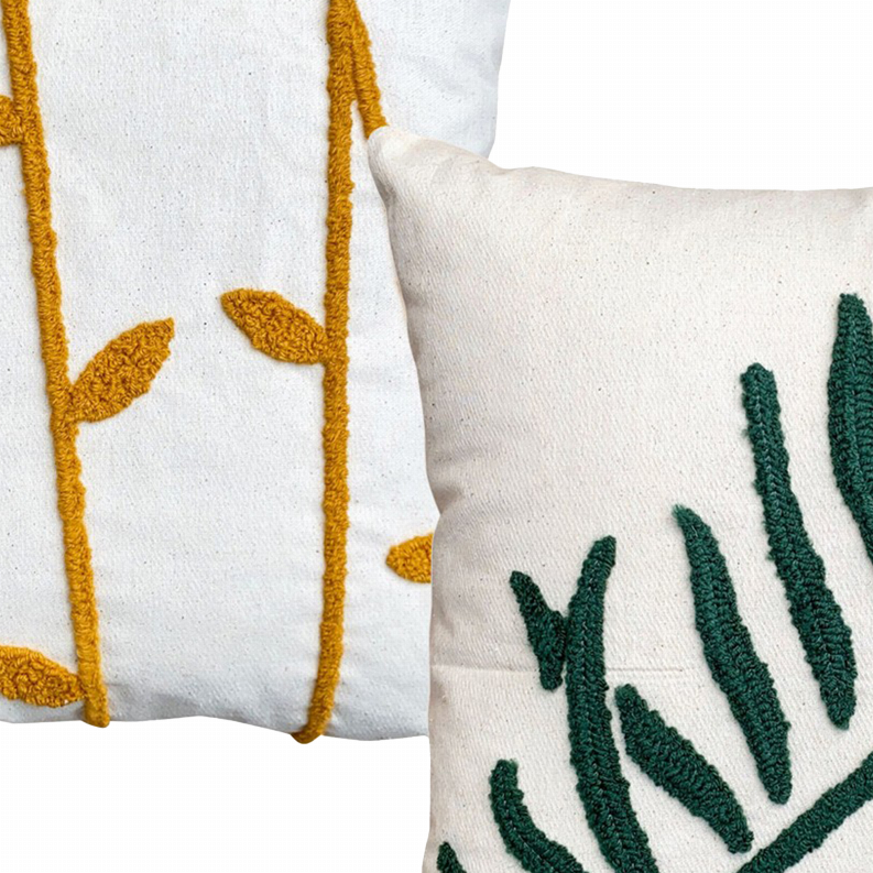 17 x 17 Inch 2 Piece Square Cotton Accent Throw Pillow Set, Leaf Embroidery, White, Green, Yellow