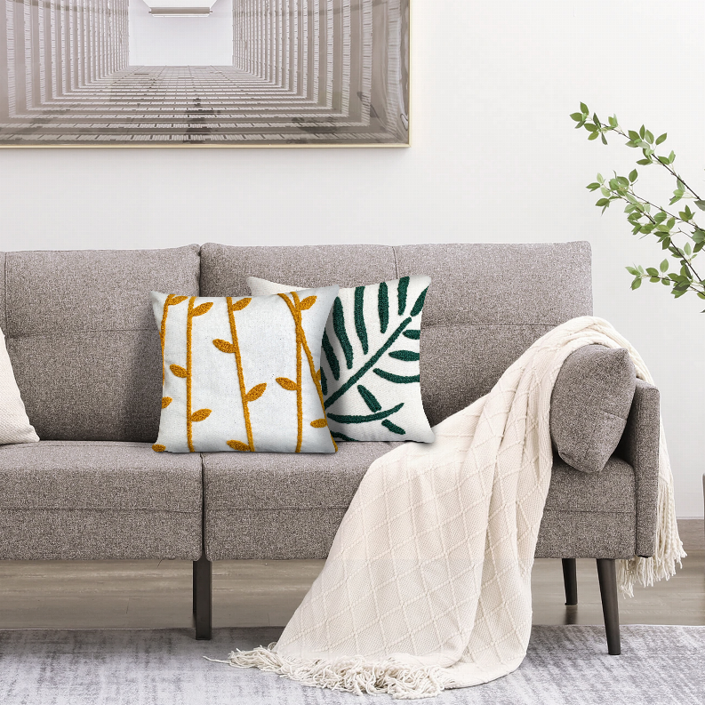17 x 17 Inch 2 Piece Square Cotton Accent Throw Pillow Set, Leaf Embroidery, White, Green, Yellow